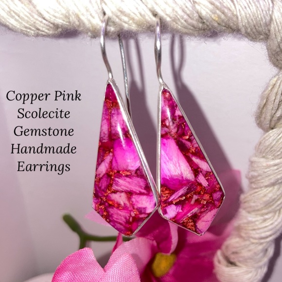 Copper Pink Scolecite Gemstone Handmade Dangle Earrings - Picture 1 of 4